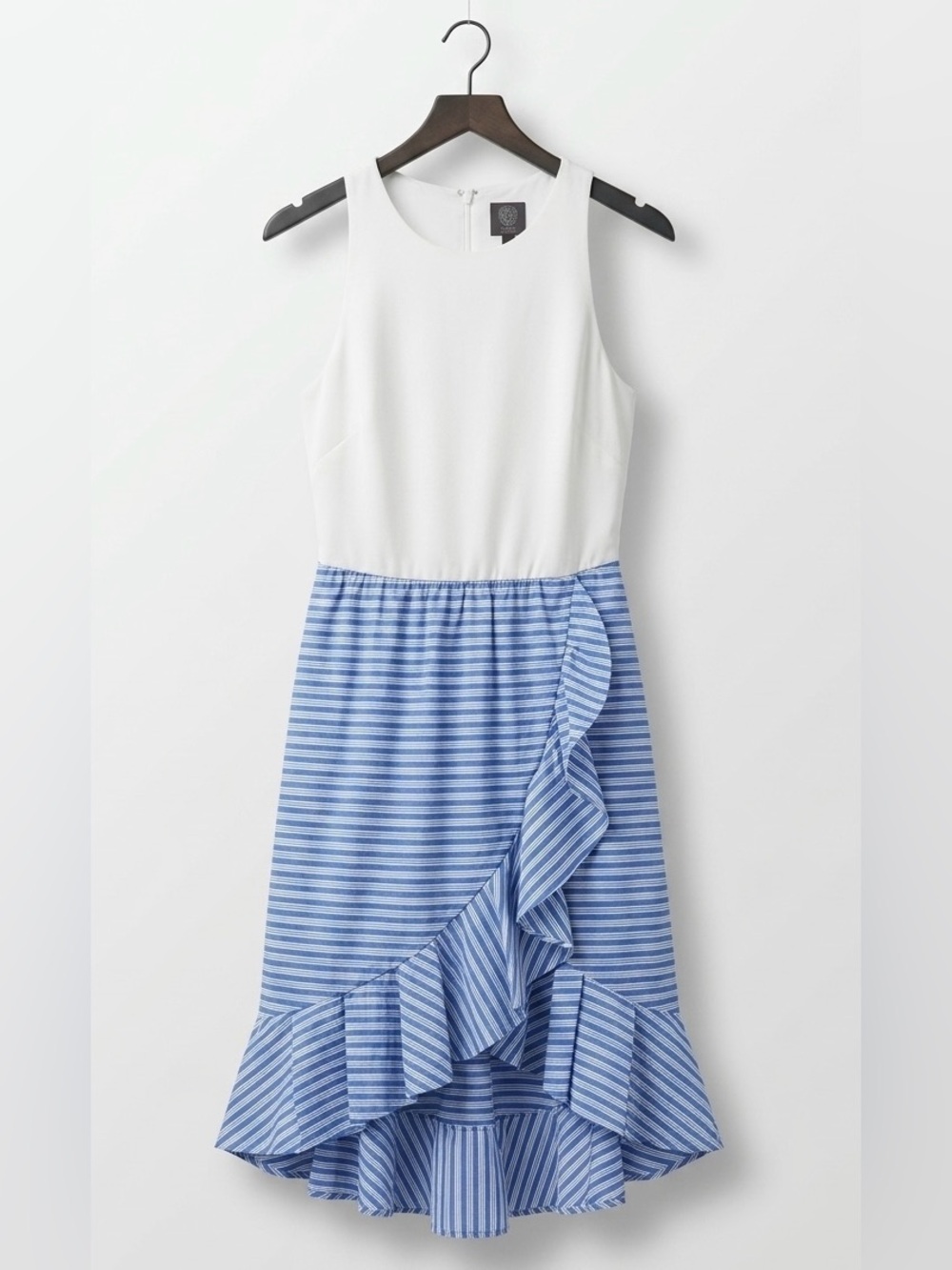 Vince Camuto White Top with Blue Striped Ruffle Skirt High-Low Dress - coastal